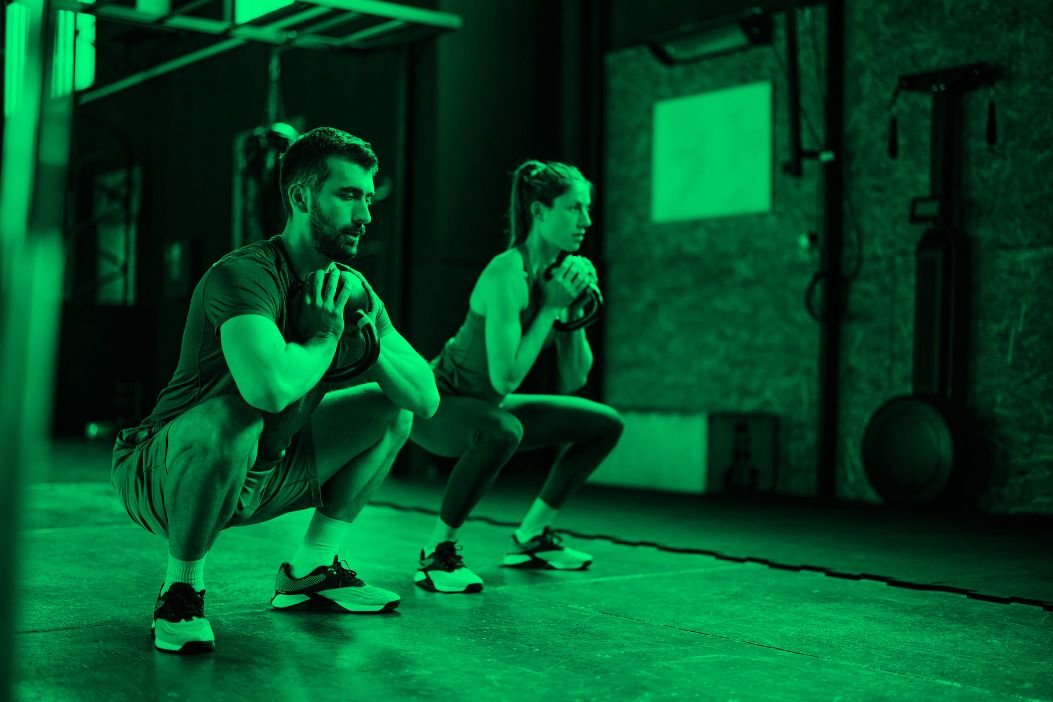 Deux coachs sportif font un exercice de musculation pour les jambes en salle.