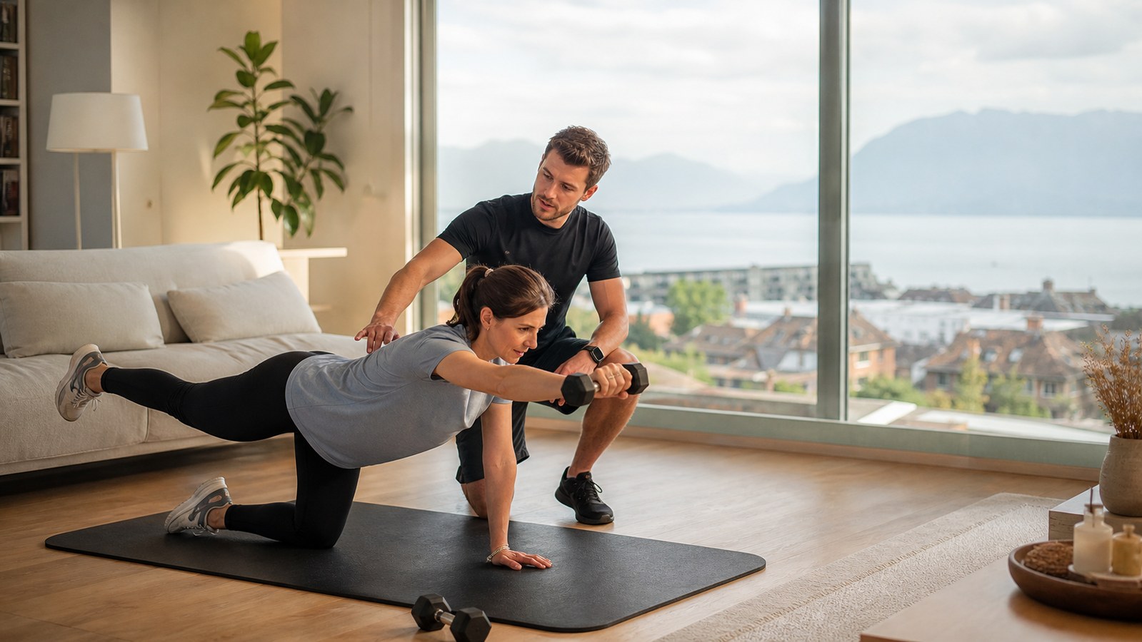 Coach sportif à domicile guidant une séance personnalisée à Lausanne