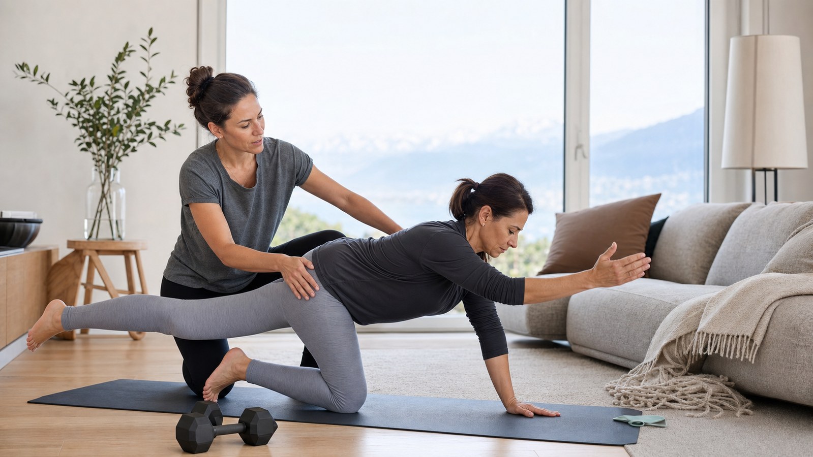 Coach sportif à domicile accompagnant une séance personnalisée en Suisse romande